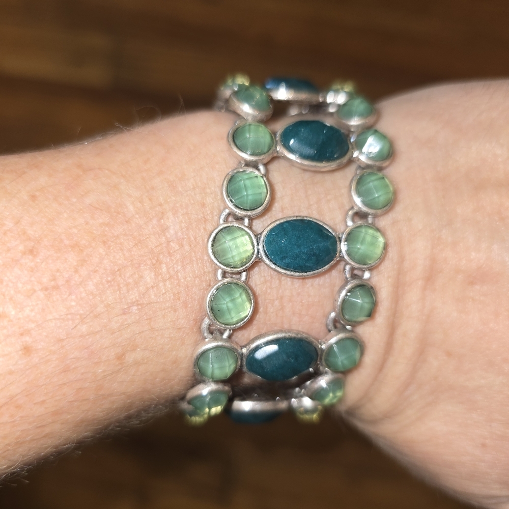 NWT Lucky Brand Teal/Green Semi Precious Accent Stones Silver Toned Bracelet